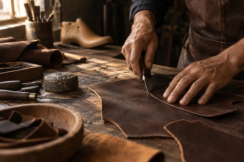 Recreación conceptual de manos trabajando piel en una mesa de zapatería
