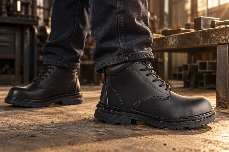 Recreación publicitaria: botas negras FORZA ANDRADE en un taller industrial