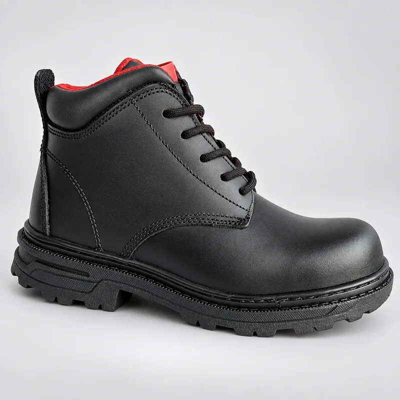 Bota negra de piel, vista lateral oblicua